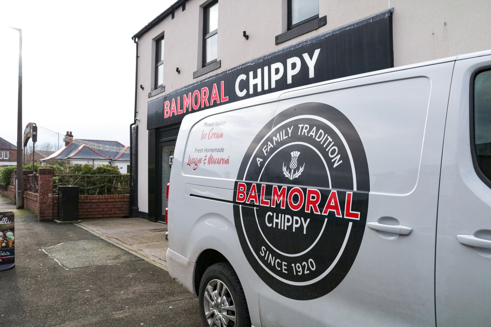 Balmoral Chippy shopfront with delivery van